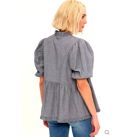 Harshman Houndstooth Aiya Blouse Navy Puffed Sleeve size S - Picture 6 of 6